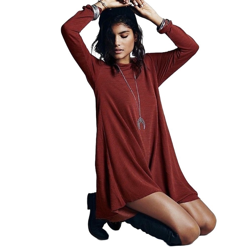 Free People Relaxed Beach Brick Rust Red Long Sleeve Swing Dress Tie Back XS